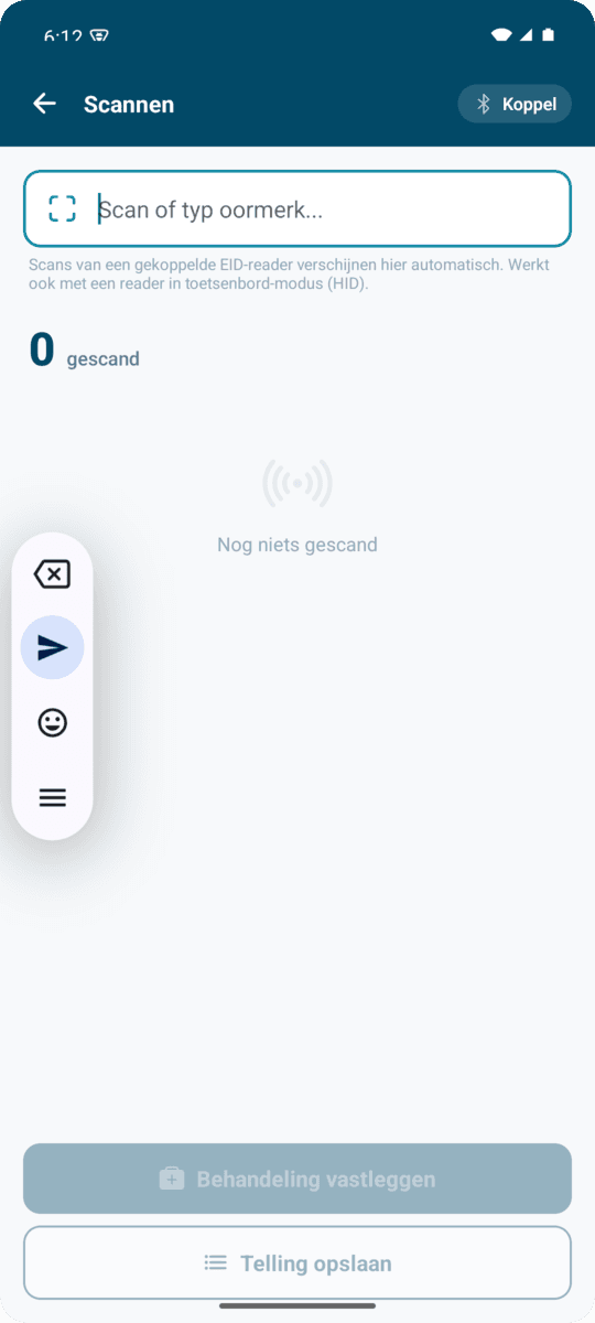 Scan-scherm in de Dokterveld-app met een gekoppelde EID-reader via Bluetooth, waarmee de houder oormerken scant om een behandeling of telling vast te leggen